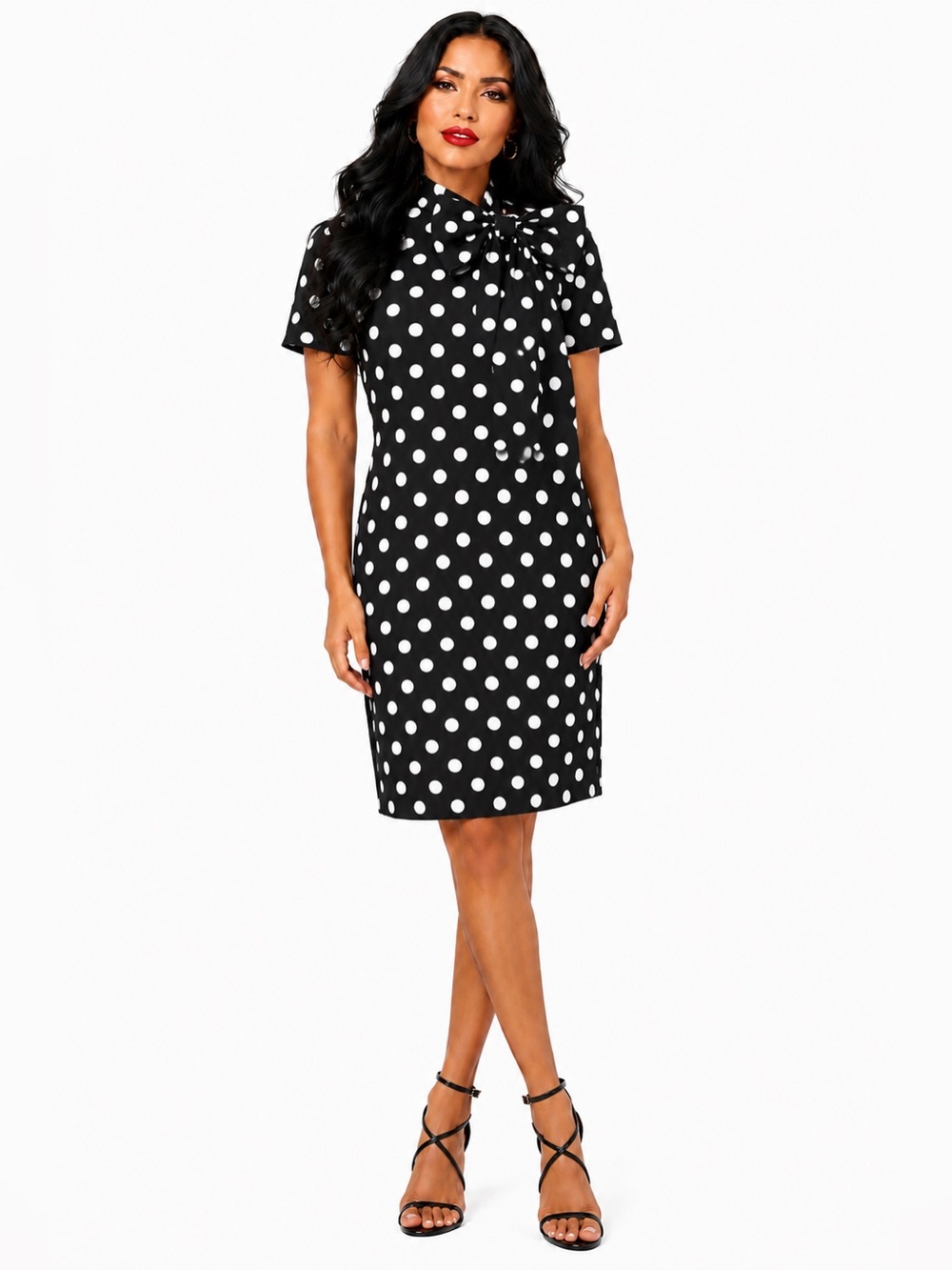 Shelby & Palmer Black and White Polka Dot Tie-Neck Midi Dress Classic Like New